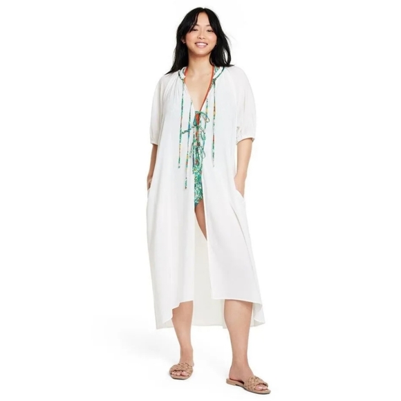 RHODE Cover Up Maxi Dress Beach Summer Boho Plus XXL White Green Puff Sleeves - Picture 4 of 16